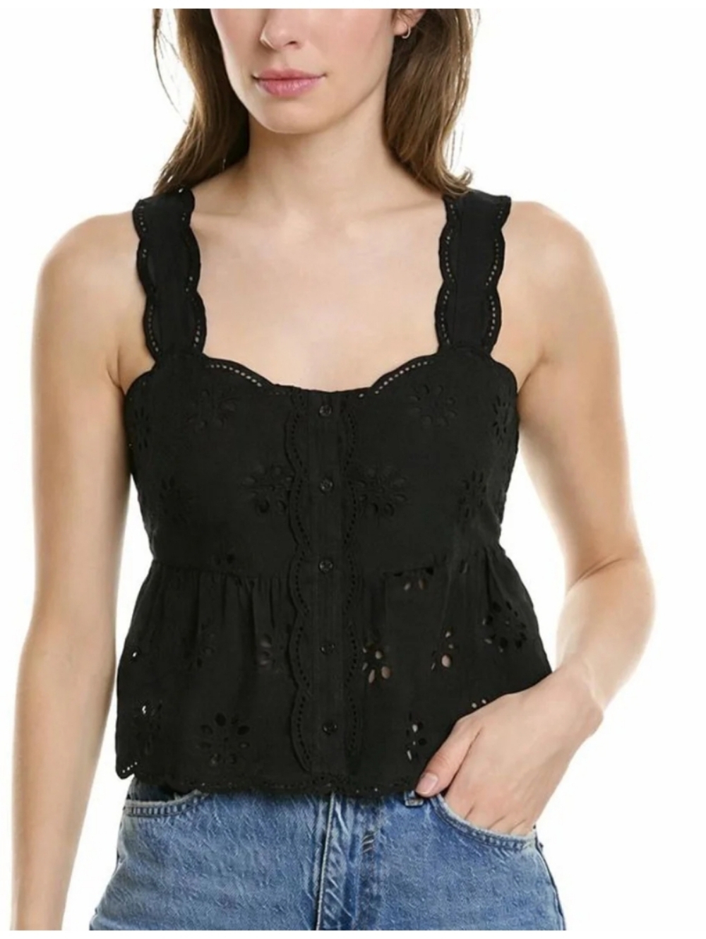 The Kooples Floral Embroidered Eyelet Lace Cropped Peplum Tank in Black Small